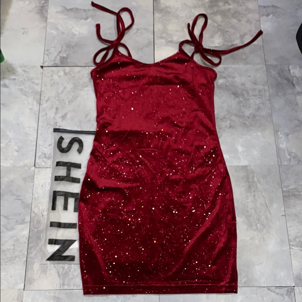 SHEIN dark Red Burgundy velvet bodycon Glitter Dress Xs brand new women